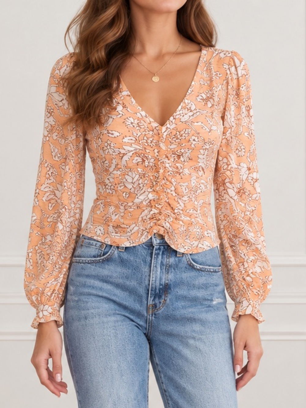 NWT Free People Say The Word Tee XS Blood Orange Floral Ruched Long Sleeve Top